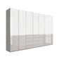 Modern Glamour Wiemann Santa 350cm Wide 216cm High,  7 Doors Wardrobe in White & Pebble Grey Glass With Drawers, Chrome Handles and Strips