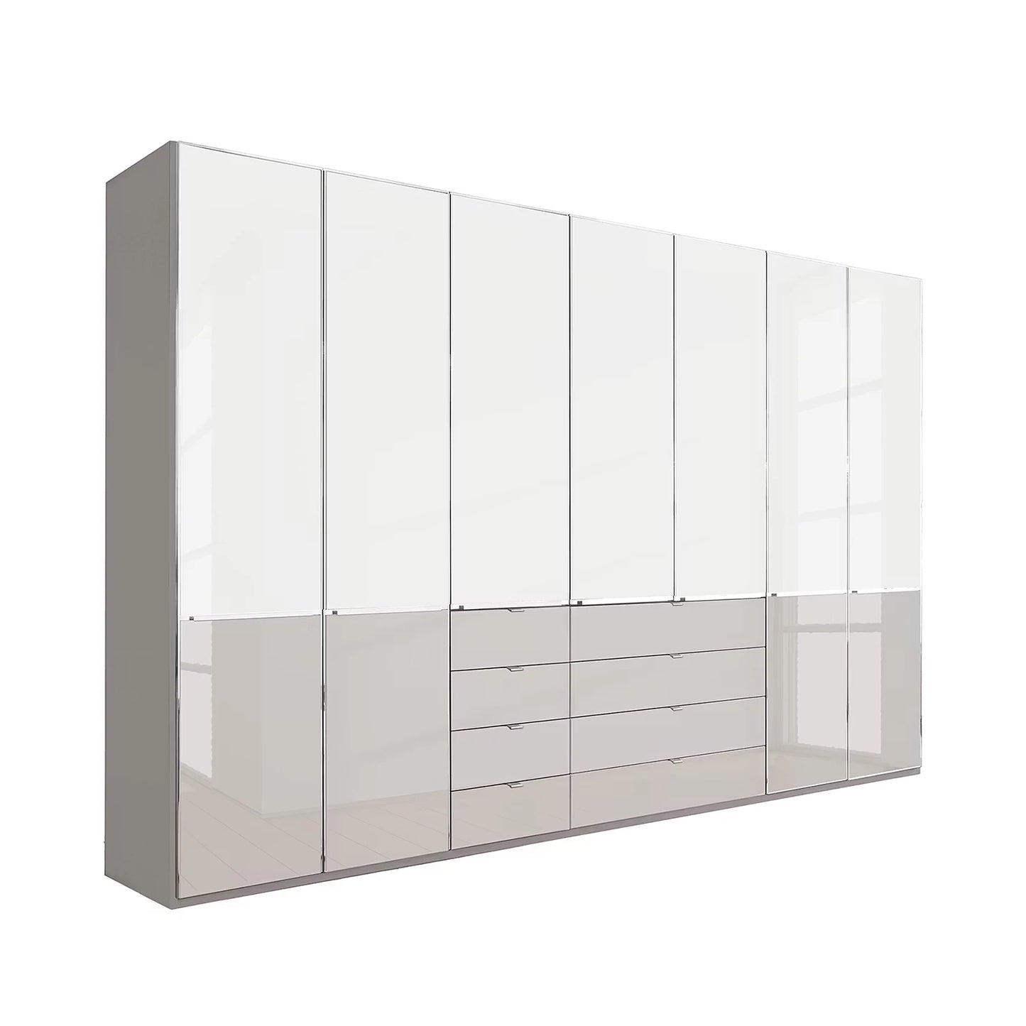 Modern Glamour Wiemann Santa 350cm Wide 216cm High,  7 Doors Wardrobe in White & Pebble Grey Glass With Drawers, Chrome Handles and Strips