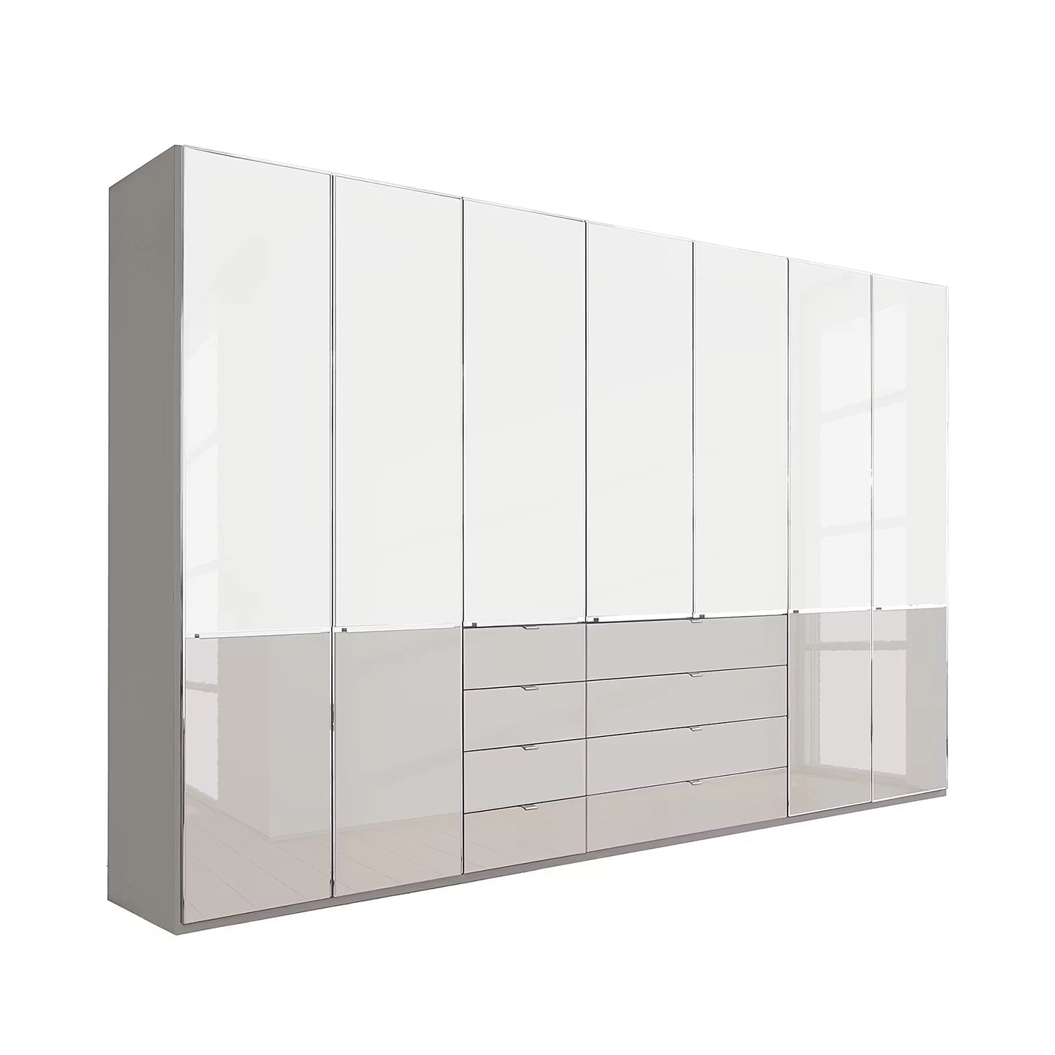 Modern Glamour Wiemann Santa 350cm Wide 216cm High,  7 Doors Wardrobe in White & Pebble Grey Glass With Drawers, Chrome Handles and Strips