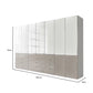 A tall modern Wiemann Santa wardrobe or storage cabinet with White Glass upper doors, lower storage drawers, and a glossy Glass Finish, shown on a white background with dimension lines indicating 216 cm height, 344.3 cm width, and 58 cm depth.