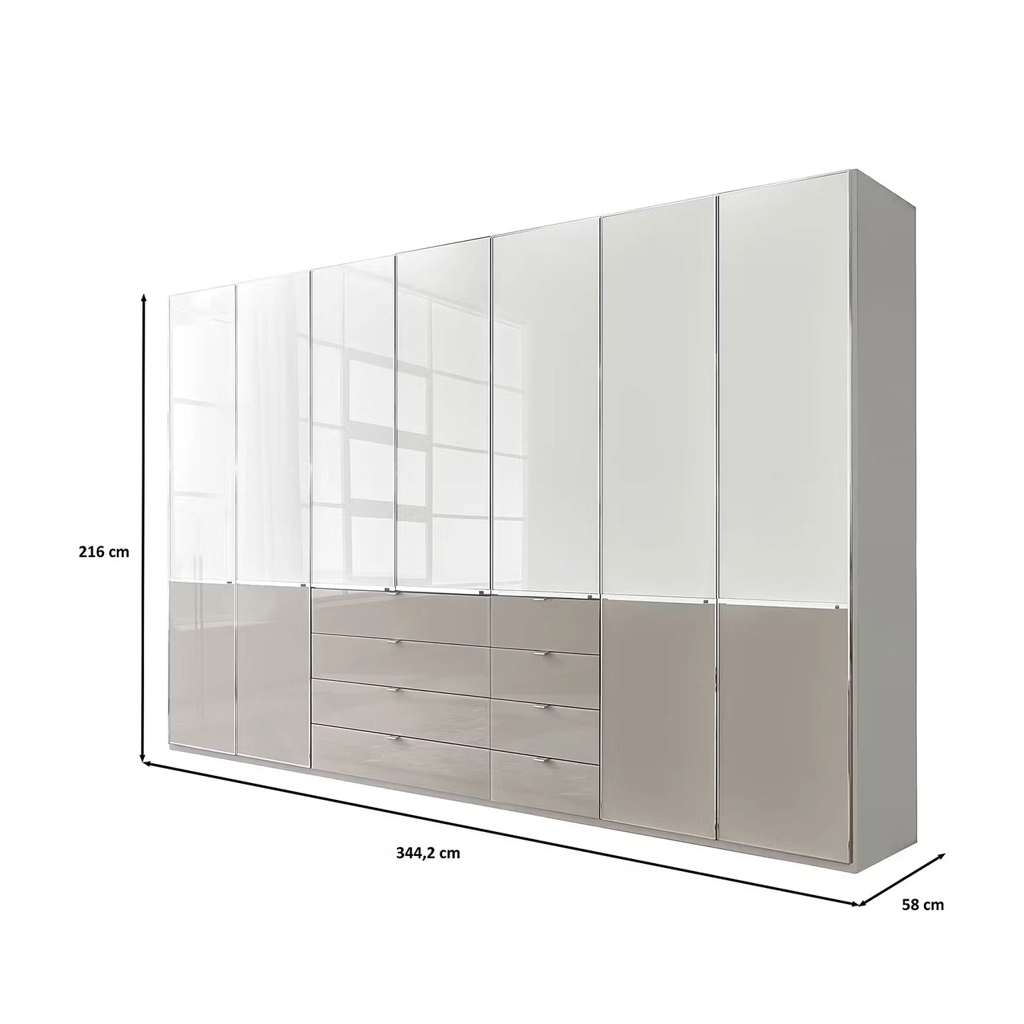 A tall modern Wiemann Santa wardrobe or storage cabinet with White Glass upper doors, lower storage drawers, and a glossy Glass Finish, shown on a white background with dimension lines indicating 216 cm height, 344.3 cm width, and 58 cm depth.