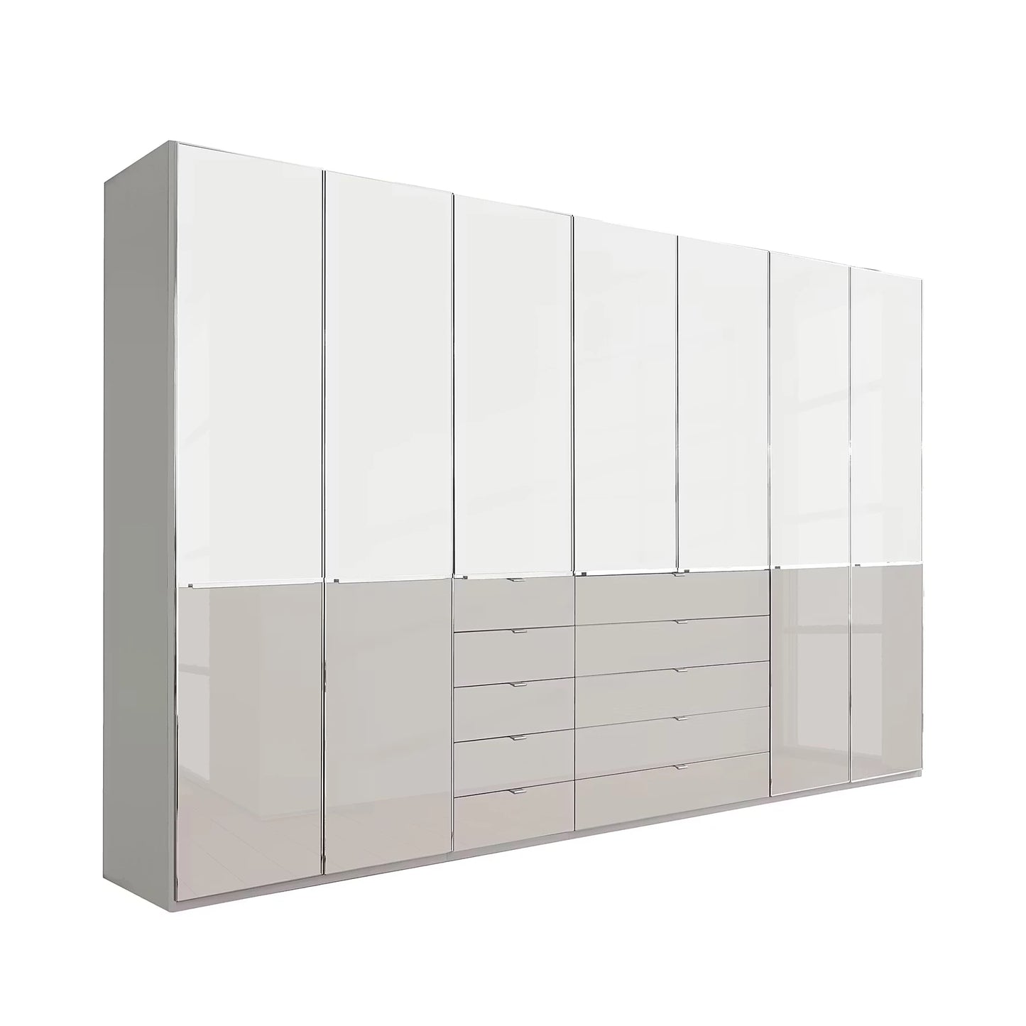 Modern Glamour Wiemann Santa 350cm Wide 216cm High,  7 Doors Wardrobe With Drawers, Chrome Handles and Strips  with glossy white upper doors and a lower section of five drawers, shown on a plain white background.