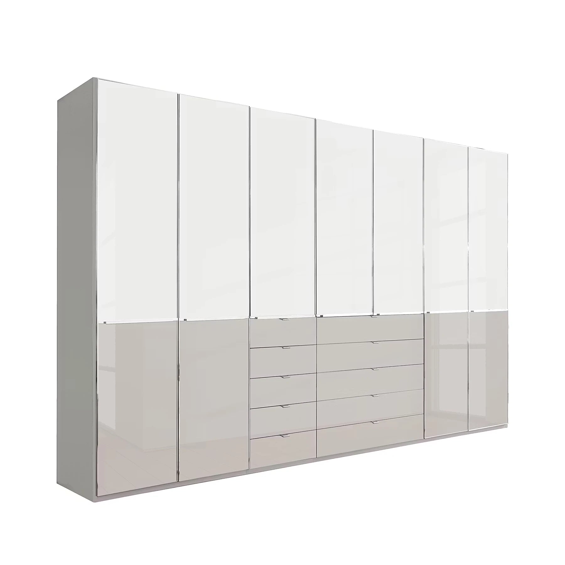 Modern Glamour Wiemann Santa 350cm Wide 216cm High,  7 Doors Wardrobe With Drawers, Chrome Handles and Strips  with glossy white upper doors and a lower section of five drawers, shown on a plain white background.