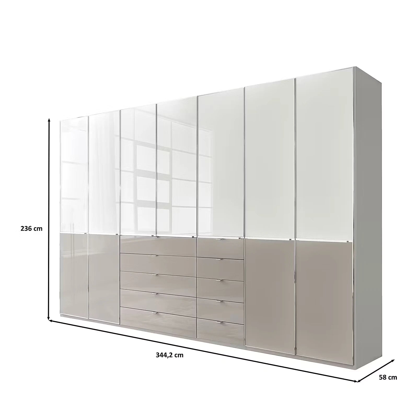 Modern Glamour Wiemann Santa 350cm Wide 216cm High,  7 Doors Wardrobe in White & Pebble Grey Glass With Drawers, Chrome Handles and Strips, featuring a central set of ten drawers, and a double door on the right and left. The image includes dimension lines indicating a height of 236 cm, a width of 344.