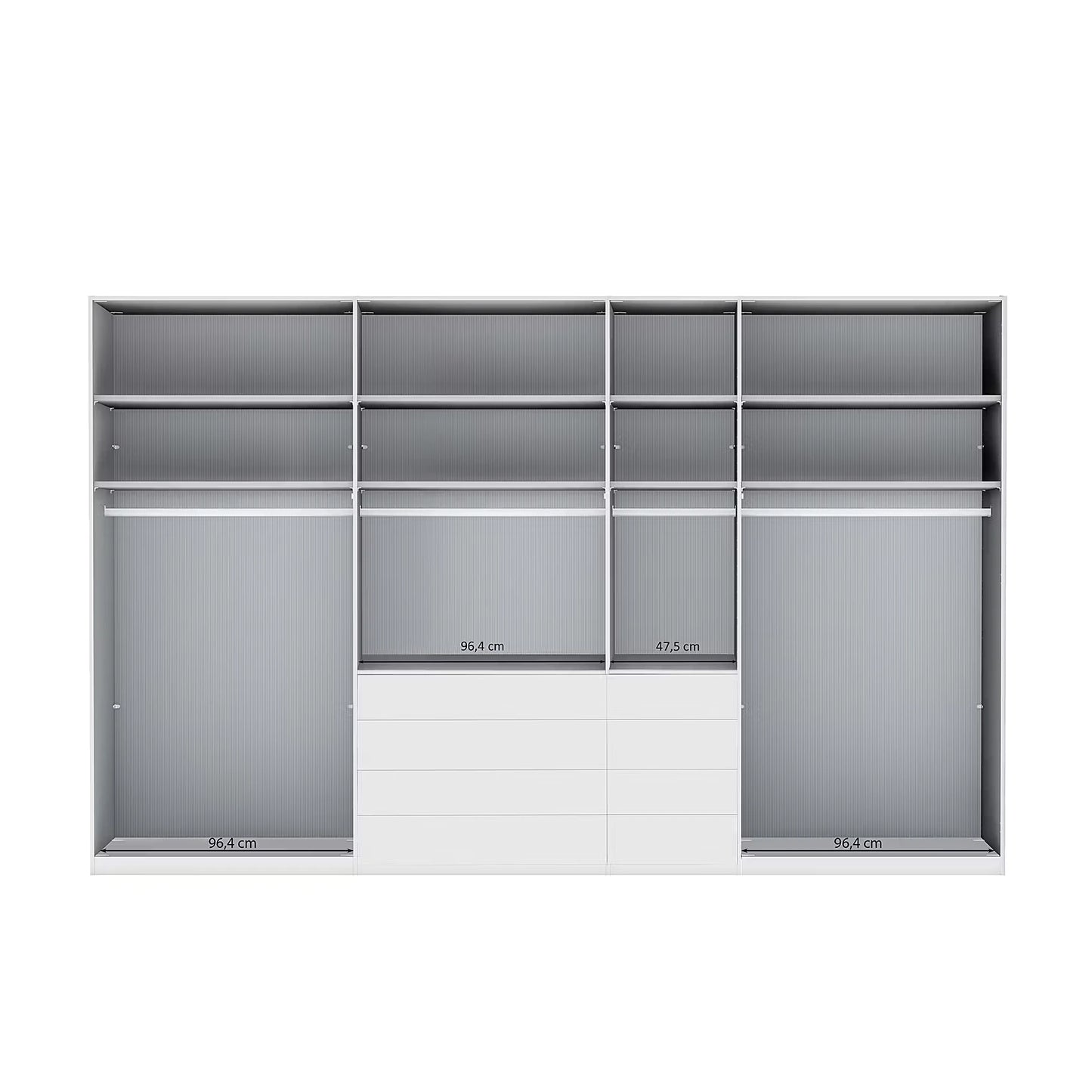 Wiemann Santa 350cm Combi 7 Doors Wardrobe With Drawers Internal closet organiser with multiple shelves, two hanging rods, and a central drawer section, shown on a plain white background with small dimension labels.