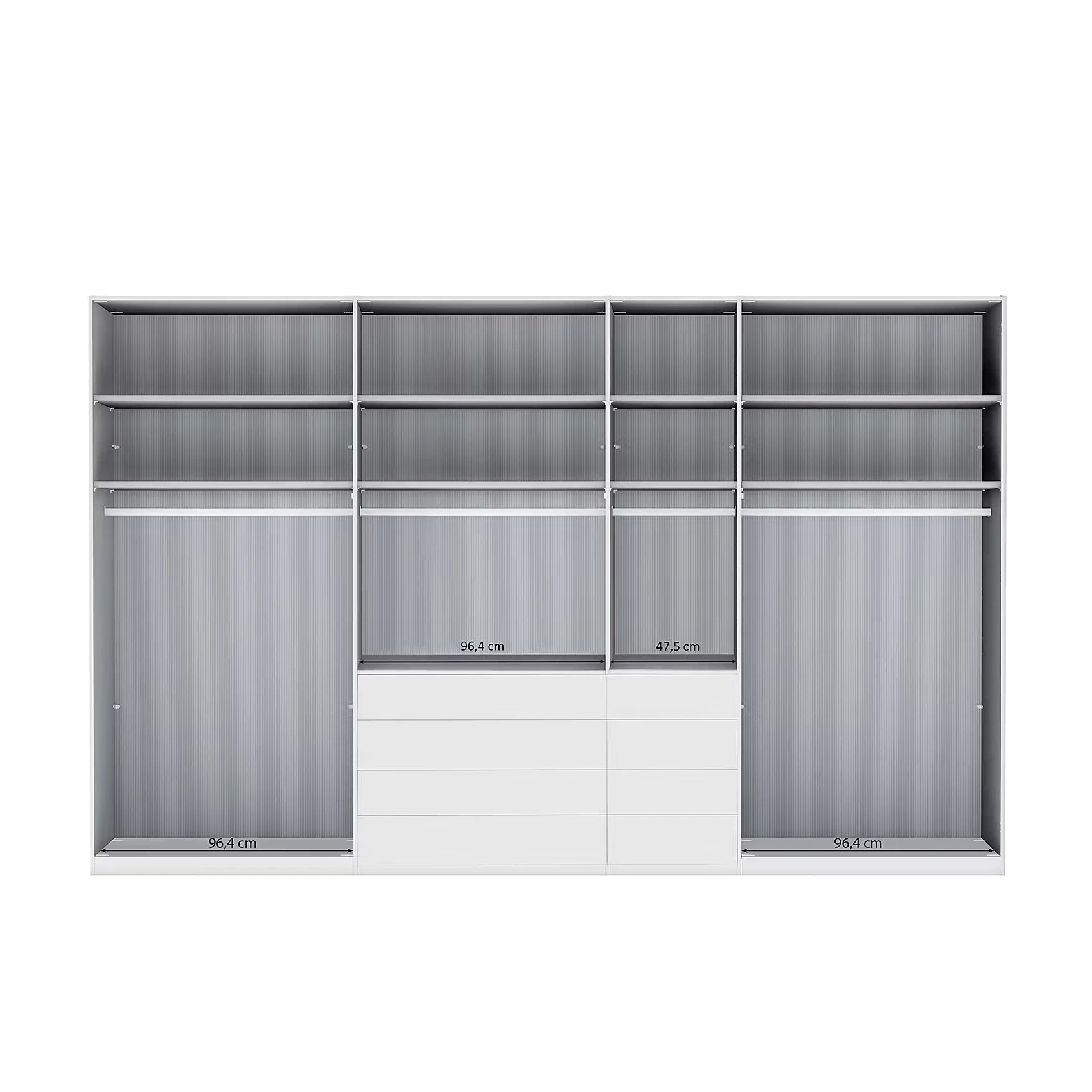 Wiemann Santa 350cm Combi 7 Doors Wardrobe With Drawers Internal closet organiser with multiple shelves, two hanging rods, and a central drawer section, shown on a plain white background with small dimension labels.