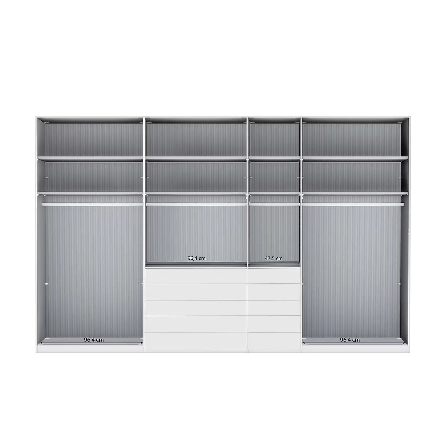 Wiemann Santa 350cm Combi 7 Doors Wardrobe With Drawers in Havana Internal closet organiser system with shelves, hanging rods, and drawers, shown on a plain white background with small dimension labels.