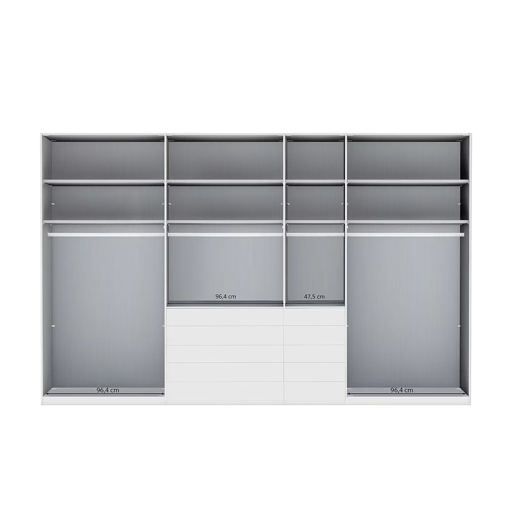 Wiemann Santa 350cm Combi 7 Doors Wardrobe With Drawers in Havana Internal closet organiser system with shelves, hanging rods, and drawers, shown on a plain white background with small dimension labels.