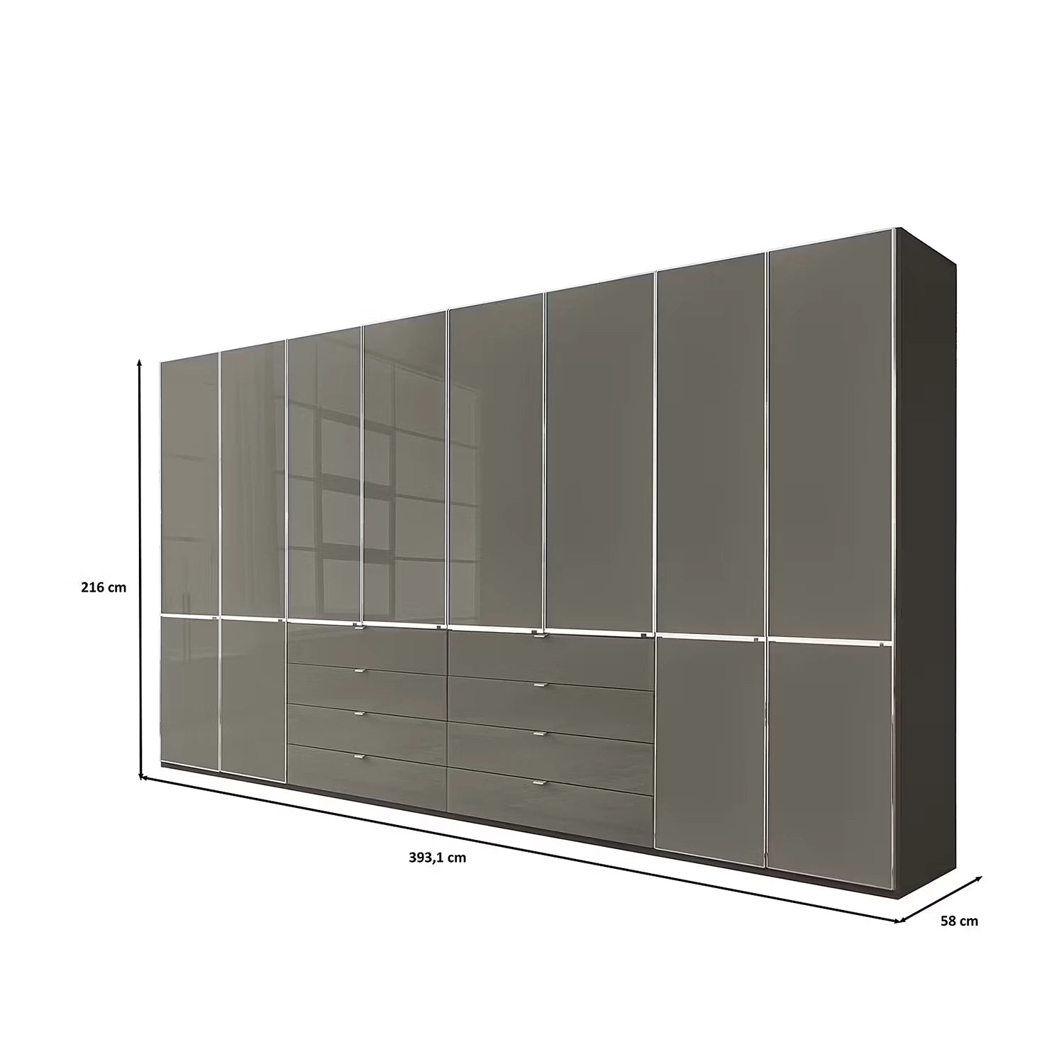 A modern Wiemann Santa 400cm Large 8 Doors Wardrobe with 8 Drawers in  Height 216cm with glossy Havana Glass doors and drawers, shown with dimension lines indicating 216 cm height, 393.5 cm width, and 56 cm depth on a white background.