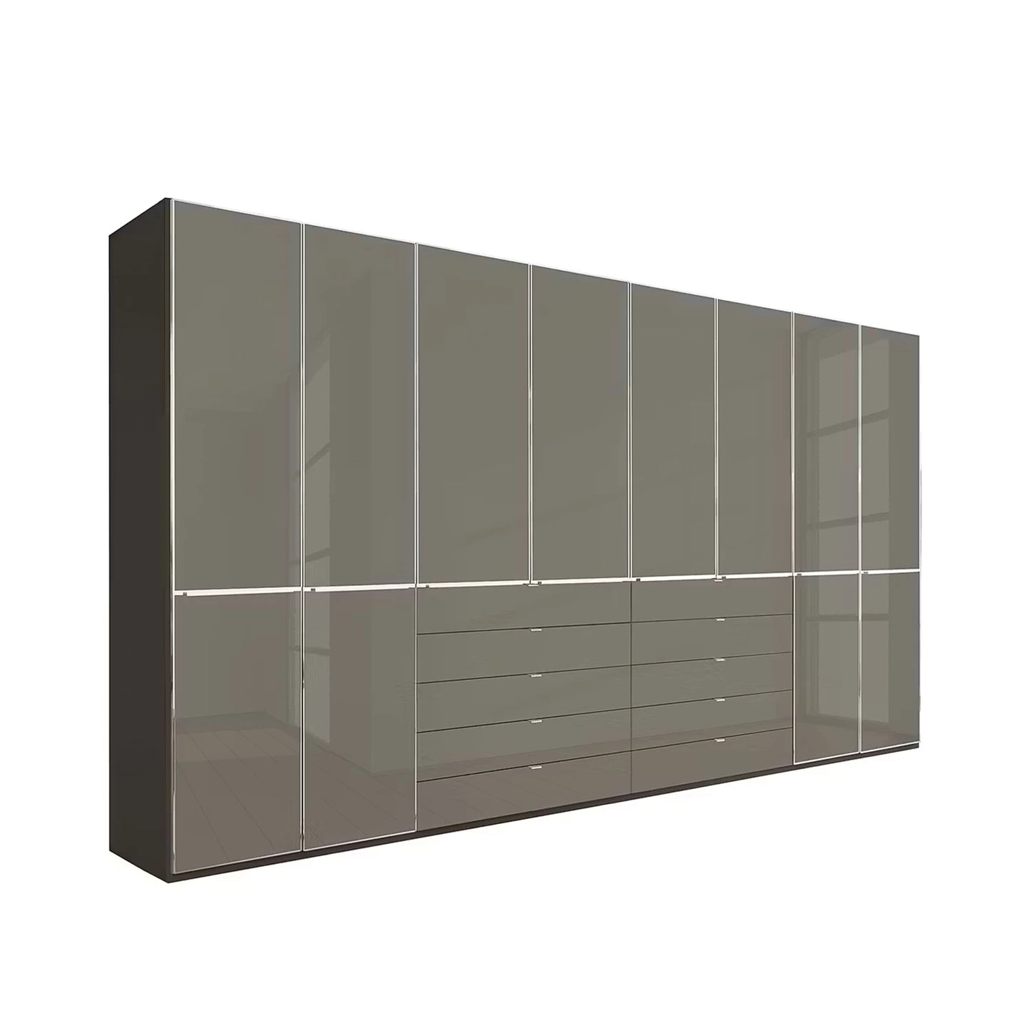 A modern Wiemann Santa 400cm Large 8 Doors Wardrobe with 10 Drawers in Havana Glass Height 236cm
