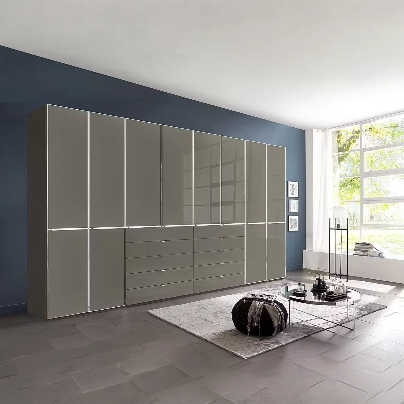 A large modern Wiemann Santa 400cm Large 8 Doors & 8 Drawers Wardrobe in Havana Glass Front