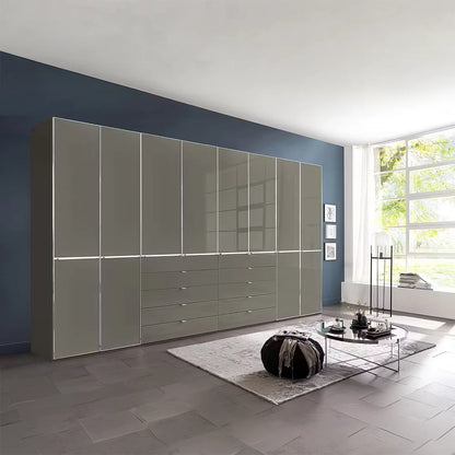 A large modern Wiemann Santa 400cm Large 8 Doors & 8 Drawers Wardrobe in Havana Glass Front