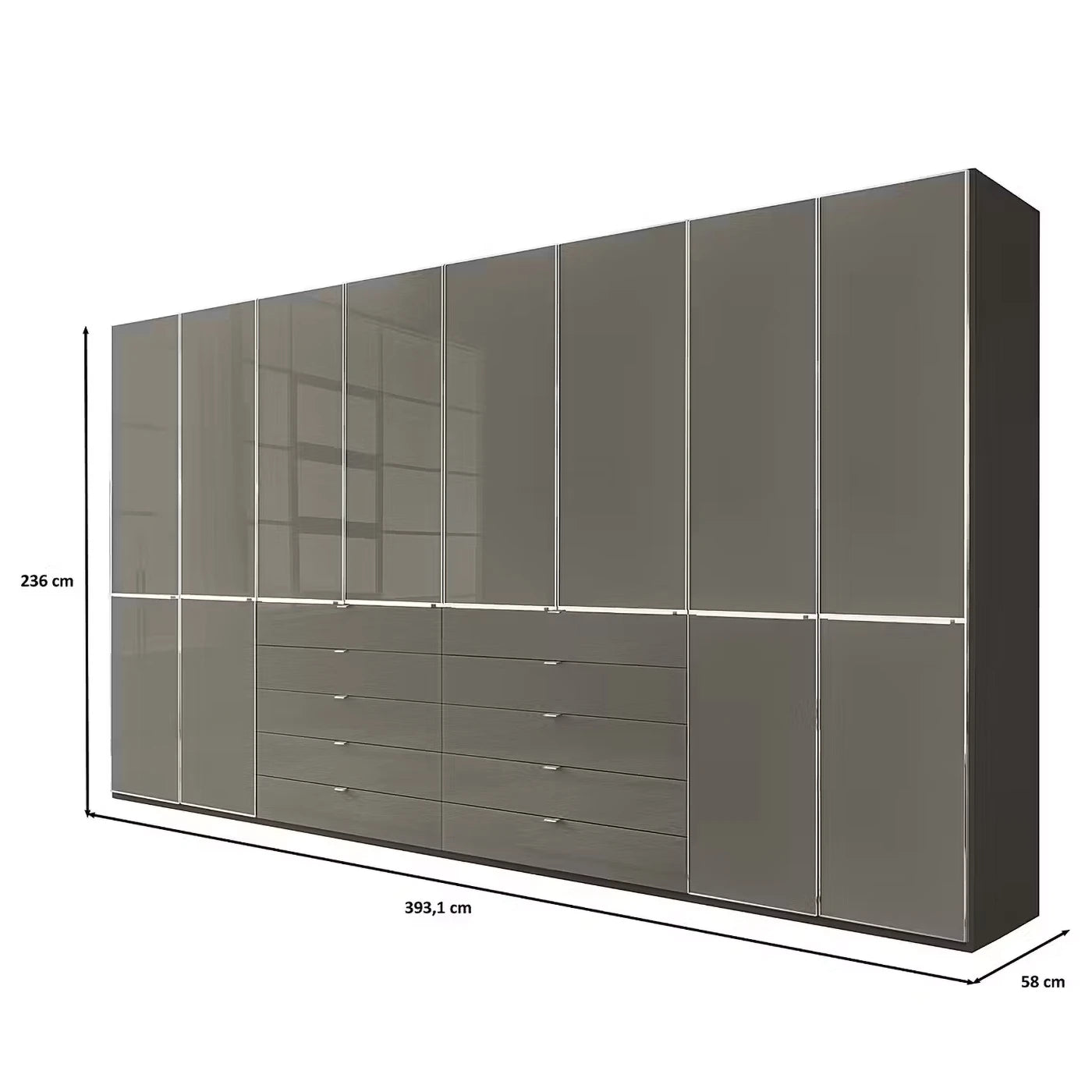 A modern Large ceiling High Wiemann Santa 400cm Large 8 Doors Wardrobe with 8 Drawers in Havana Glass Height 236cm