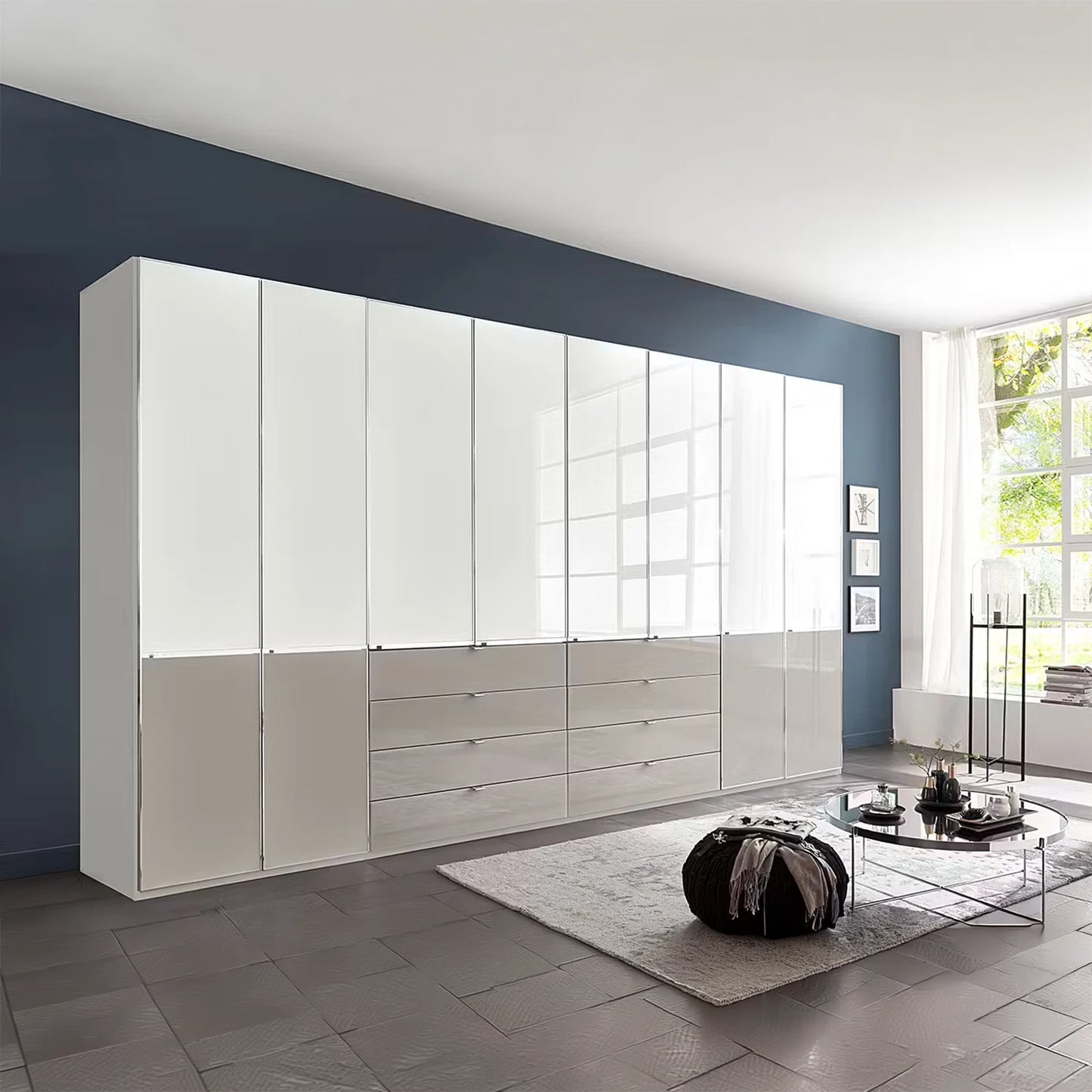 A large modern Wiemann Santa 400cm Extra Large 8 Doors Wardrobe with Drawers White & Pebble Grey 