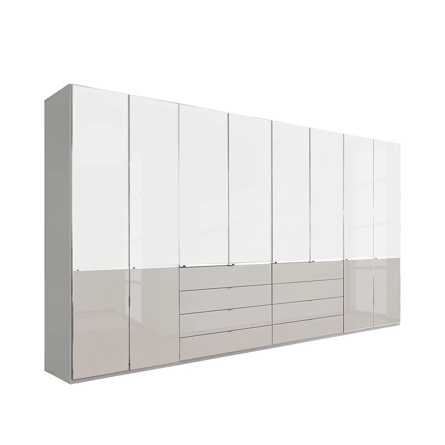 Extra Large Glamorous Premium Wiemann Santa 400cm Extra Large 8 Doors Wardrobe with Drawers in White & Pebble Grey Gloss Glass Finish and Chrome Handles