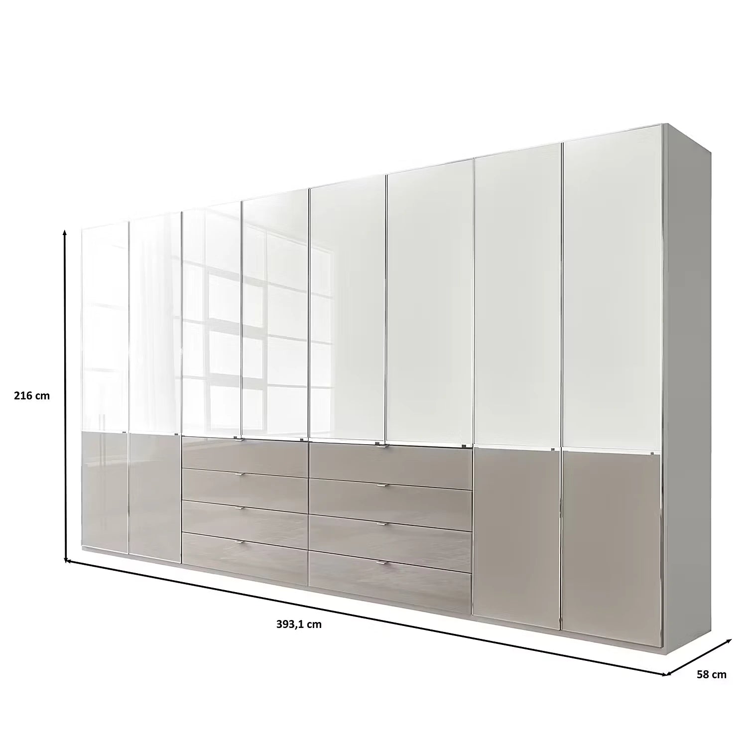 Wiemann Santa 400cm Extra Large 8 Doors Wardrobe with Drawers White & Pebble Grey on a white background, with dimension lines and labels indicating 236 cm height, 399.1 cm width, and 58 cm depth.