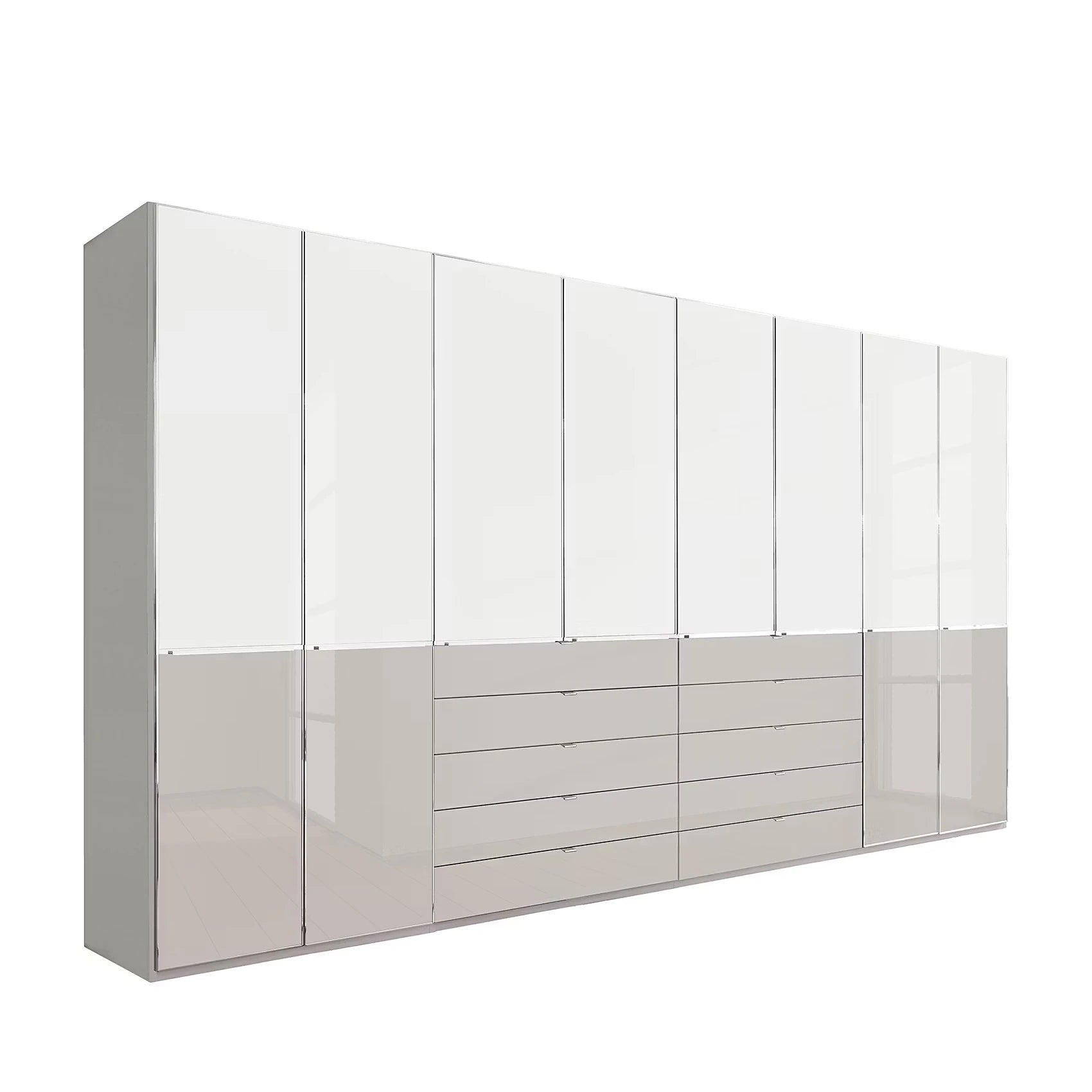 Wiemann Santa 400cm Extra Large 8 Doors Wardrobe with 10 Drawers White & Pebble Grey Glass