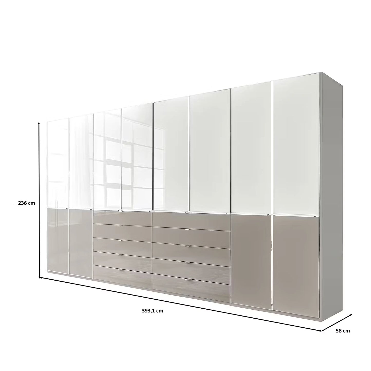 A long modern wardrobe or storage by Wiemann with a glossy white glass upper section, lower drawers, and side cabinets, shown on a white background with dimension lines indicating 399.3 cm width, 236 cm height, and 58 cm depth.