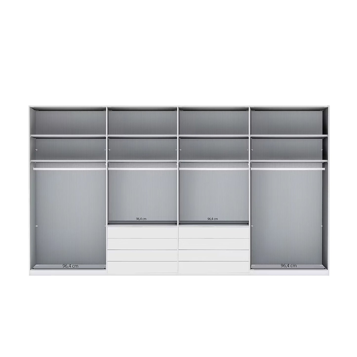 Internal View of A modern Wiemann Santa 400cm Large 8 Doors Wardrobe with 8 Drawers in Havana Glass Height 216cm with gray shelving, hanging rods, and  drawers at the bottom, shown against a plain white background.