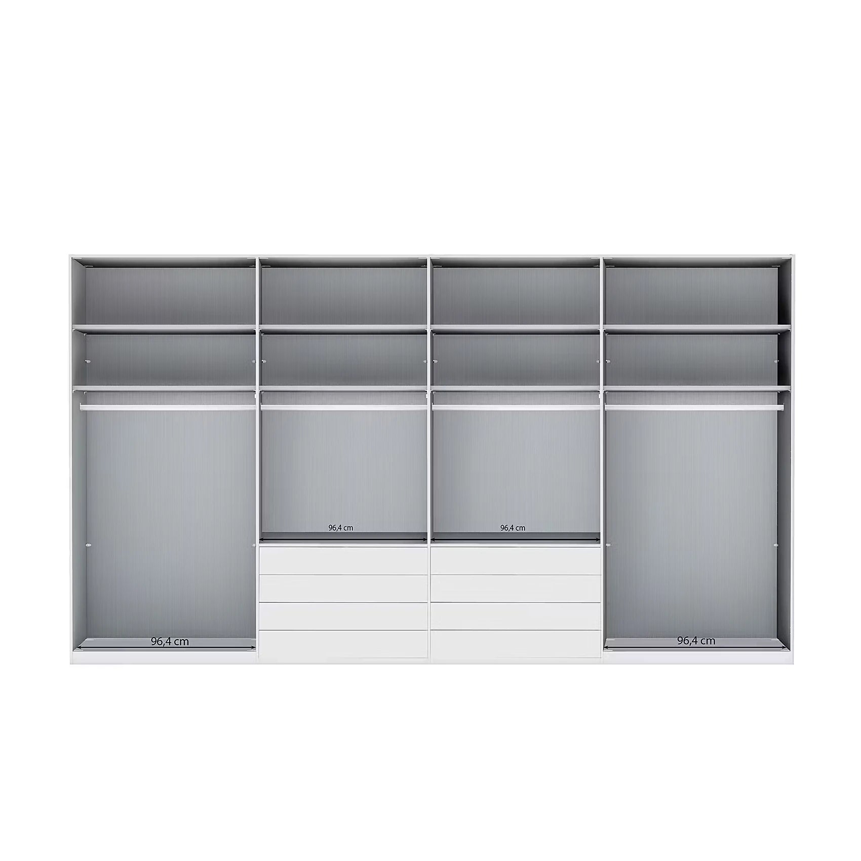 Internal View of A modern Wiemann Santa 400cm Large 8 Doors Wardrobe with 8 Drawers in Havana Glass Height 216cm with gray shelving, hanging rods, and  drawers at the bottom, shown against a plain white background.