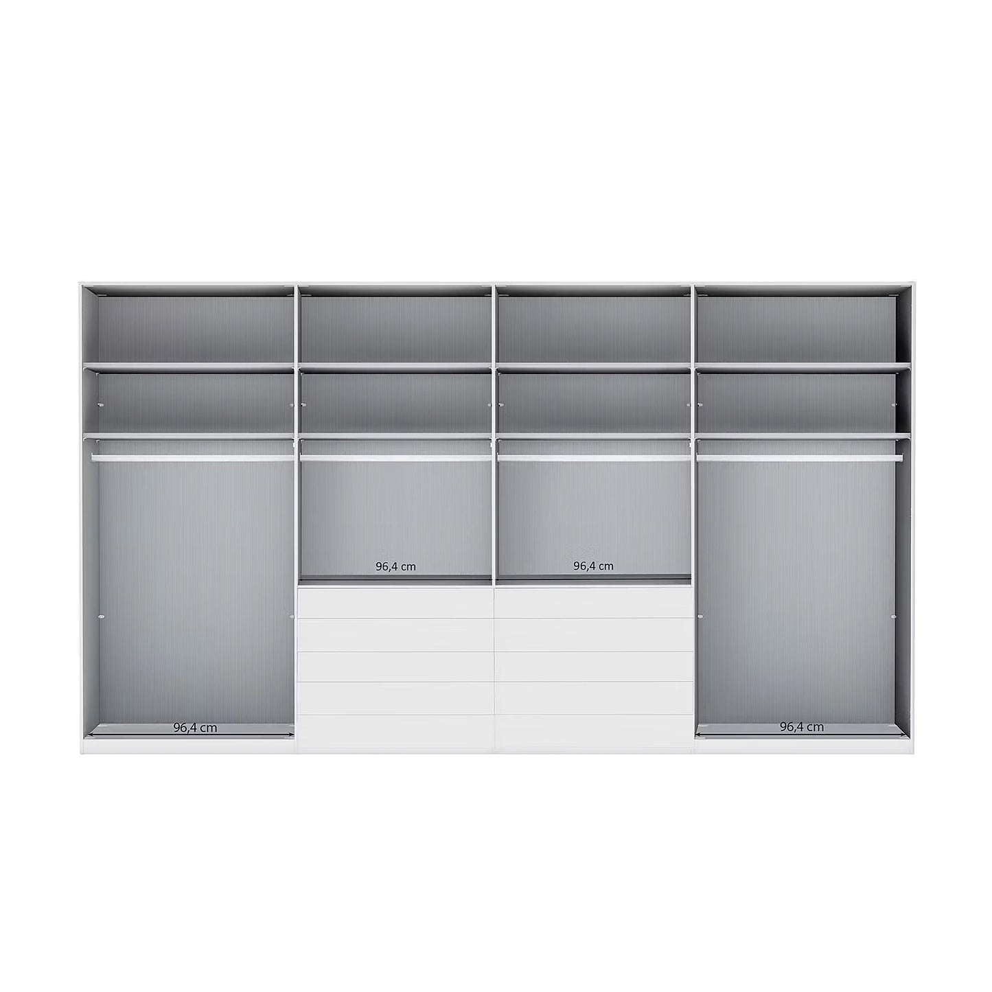 A modern Wiemann Santa 400cm Large 8 Doors Wardrobe with 8 Drawers in Havana Glass Height 216cm Wardrobe Interior  with multiple shelves, two hanging rods, and two sliding doors, shown on a plain white background with some dimension markings.