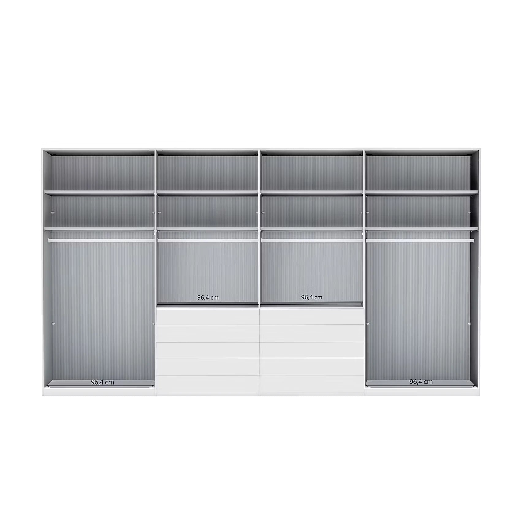 A modern Wiemann Santa 400cm Large 8 Doors Wardrobe with 8 Drawers in Havana Glass Height 216cm Wardrobe Interior  with multiple shelves, two hanging rods, and two sliding doors, shown on a plain white background with some dimension markings.