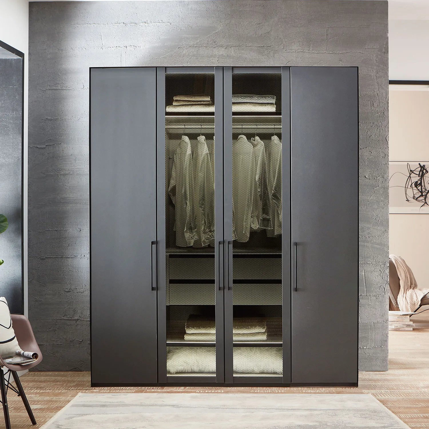 Wiemann Stylo 4 Door 200cm Wardrobe – Graphite & Glass Front - Styled in a Living Room