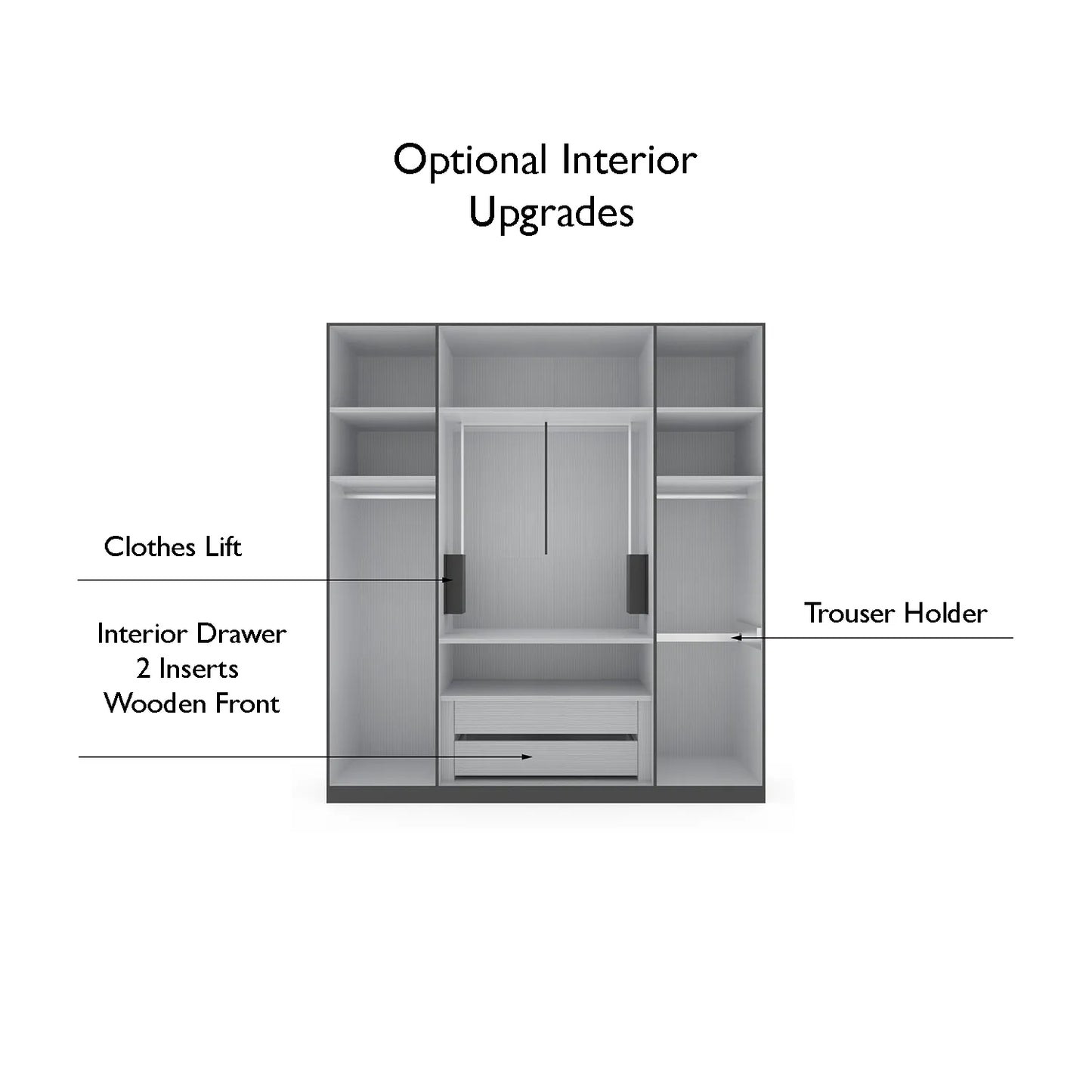 Wiemann Stylo 4 Door 200cm Wardrobe – Graphite & Glass Front - Interior View With Upgrade Options - With Extra Interior