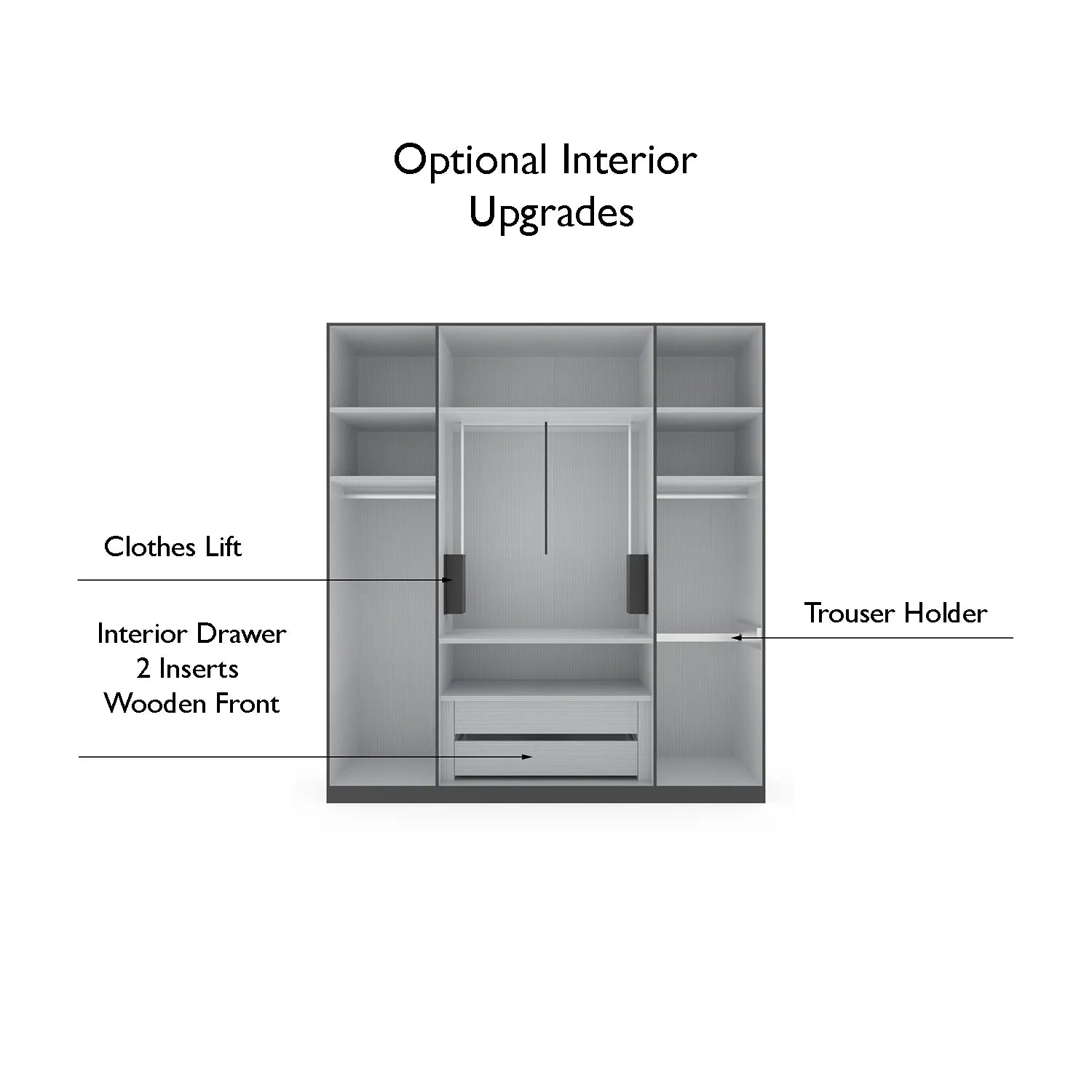 Wiemann Stylo 4 Door 200cm Wardrobe – Graphite & Glass Front - Interior View With Upgrade Options - With Extra Interior