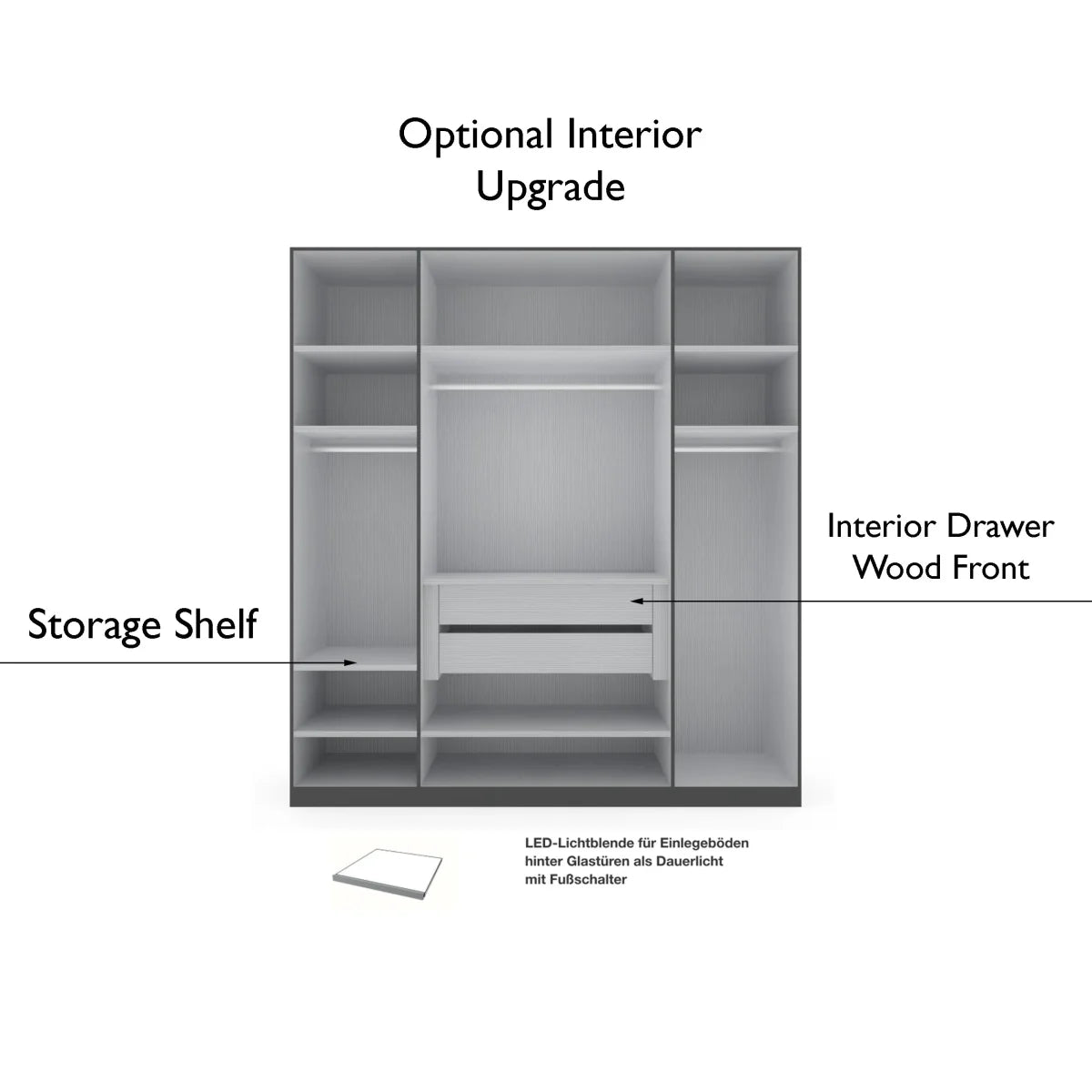 Wiemann Stylo 4 Door 200cm Wardrobe – Graphite & Glass Front - Interior View With Upgrade Options