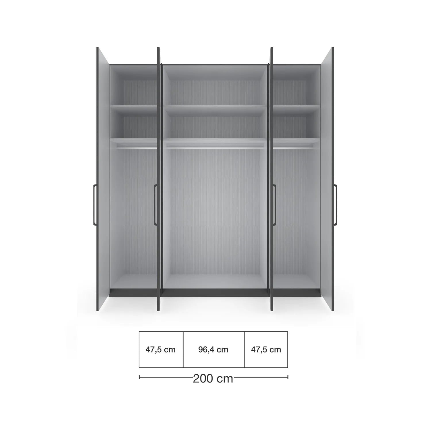 Wiemann Stylo 4 Door 200cm Wardrobe – Graphite & Glass Front - Interior View With Dimensions