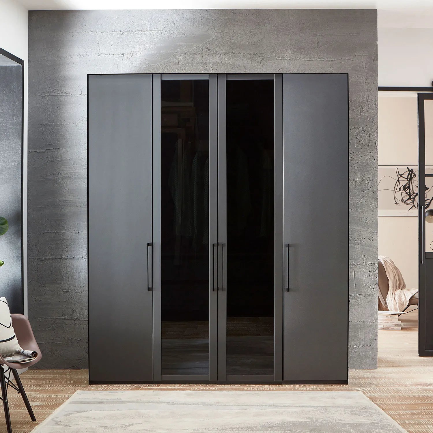 Wiemann Stylo 4 Door 200cm Wardrobe – Graphite & Glass Front - Styled in a Room
