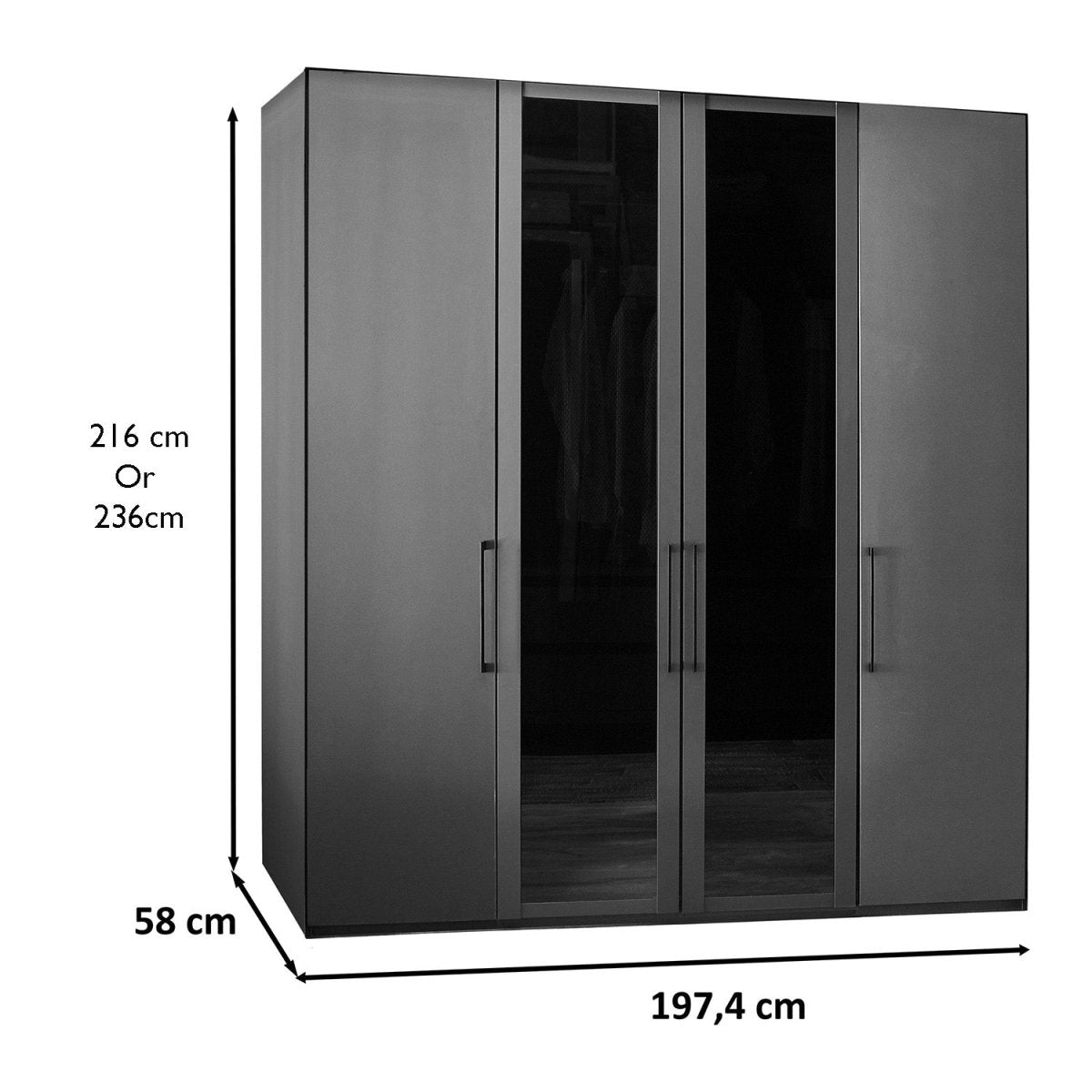 Wiemann Stylo 4 Door 200cm Wardrobe – Graphite & Glass Front - Dimensions