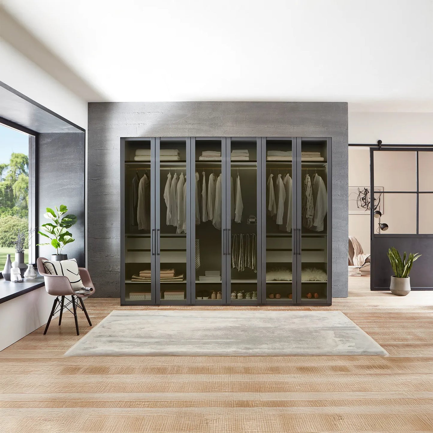 Large 6 Door 300cm Black Wardrobe with Transparent Black Glass Front from Wiemann with Free Delivery and Assembly Service