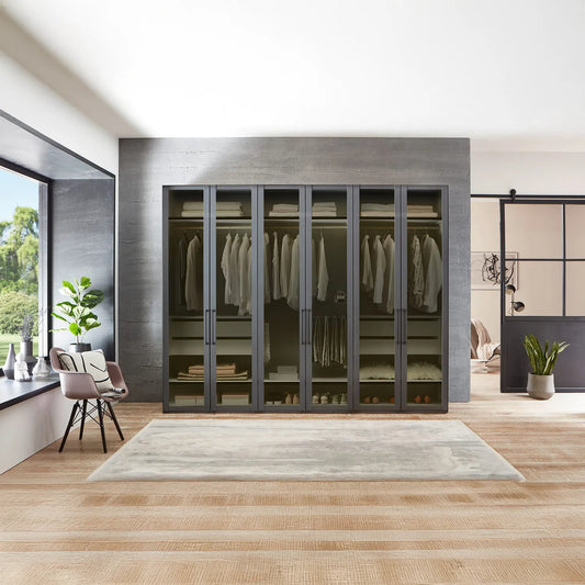 Large 6 Door 300cm Black Wardrobe with Transparent Black Glass Front from Wiemann with Free Delivery and Assembly Service