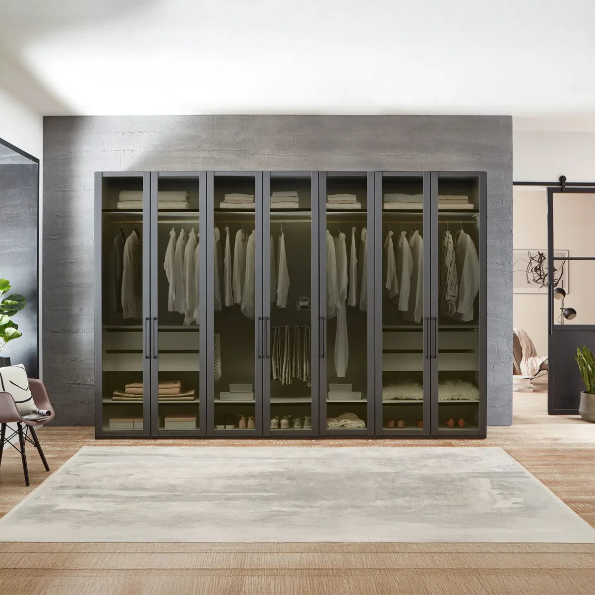 Wiemann Stylo 7 Door Hinged Transparent Black Glass Wardrobe Width 350cm , available in two heights 216cm or 236cm