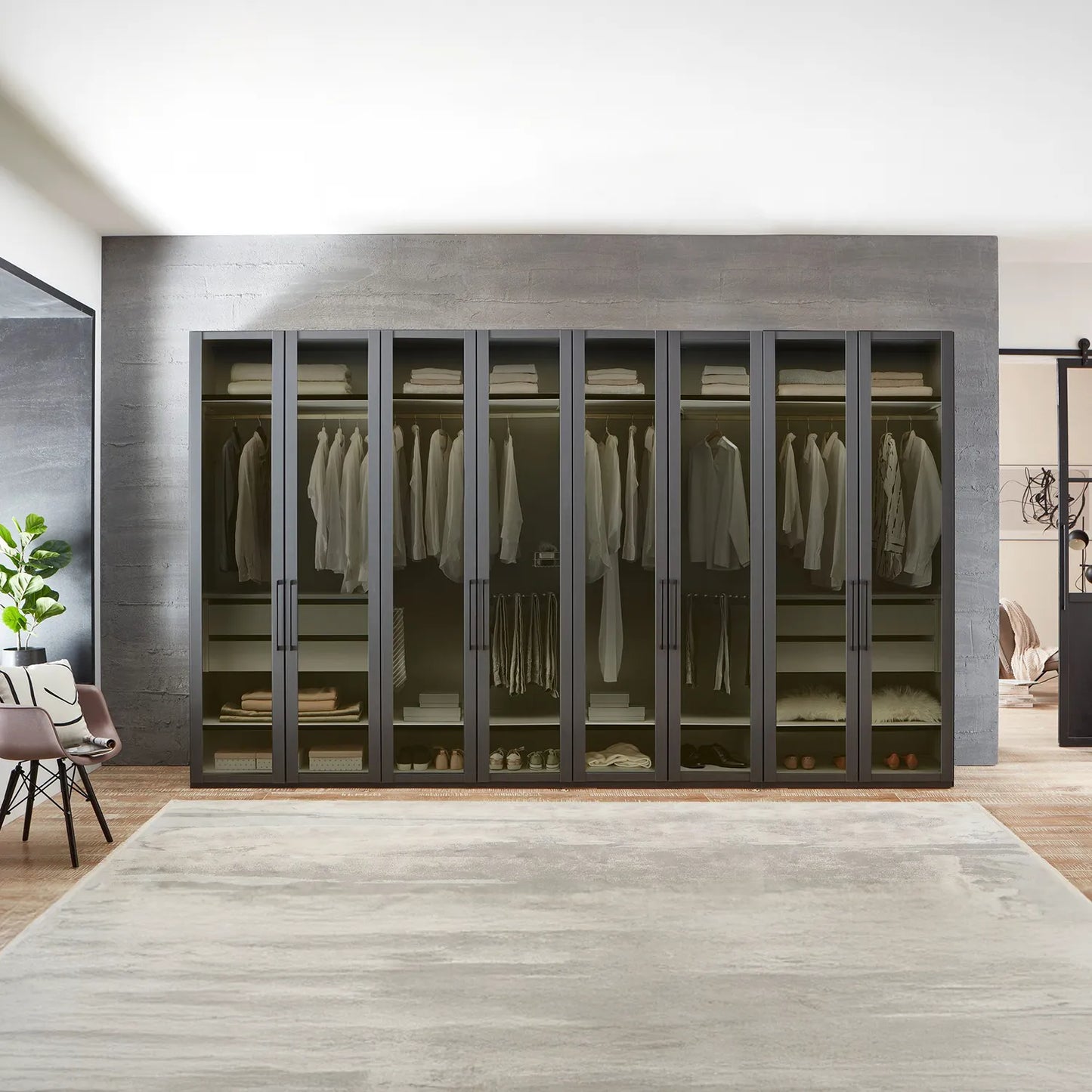Wiemann Stylo 8 Door Hinged Transparent Black Glass Wardrobe Width 400cm , available in two heights 216cm or 236cm