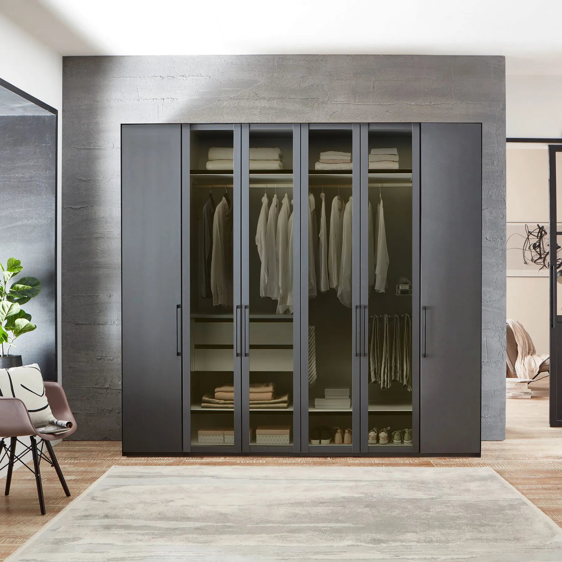 Lifestyle View Of Wiemann Stylo 6 Door Wardrobe Graphite & Transparent Glass Front - W250cm