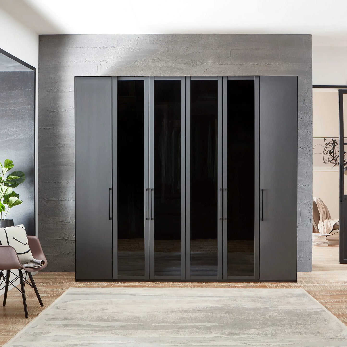 Wiemann Stylo 6 Door Wardrobe Graphite & Transparent Glass Front Available in  W250cm Height 216cm or 236cm 