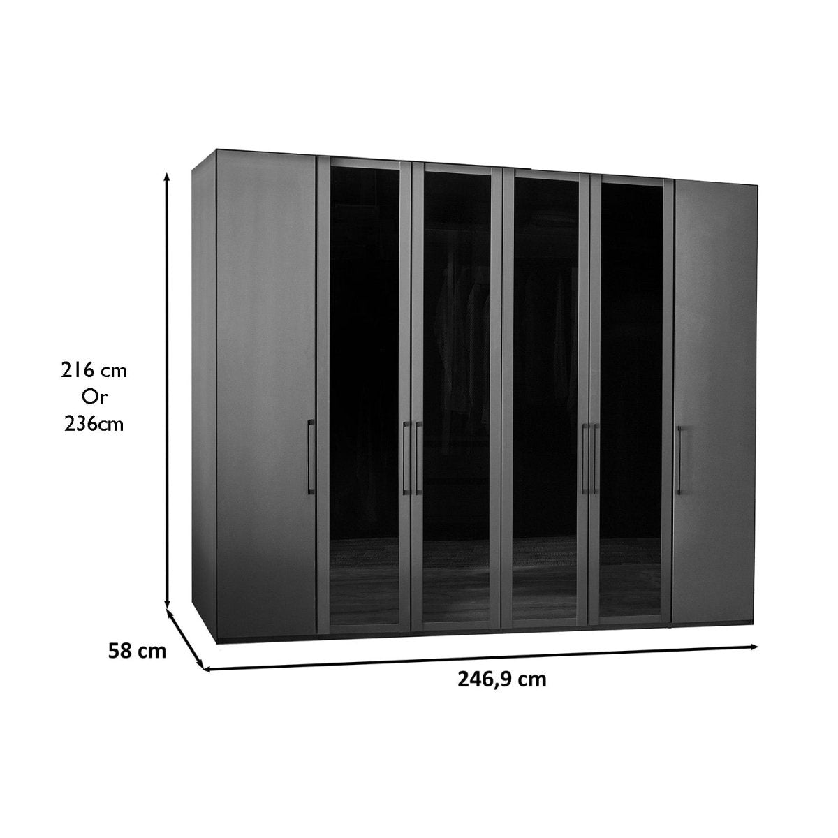 Dimensions of Wiemann Stylo 6 Door Wardrobe Graphite & Transparent Glass Front - W250cm
