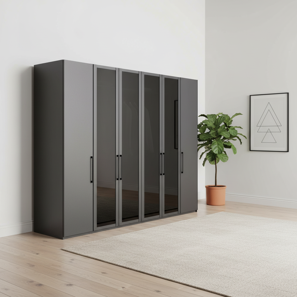 Wiemann Stylo 6 Door Wardrobe Graphite & Transparent Glass Front - W250cm