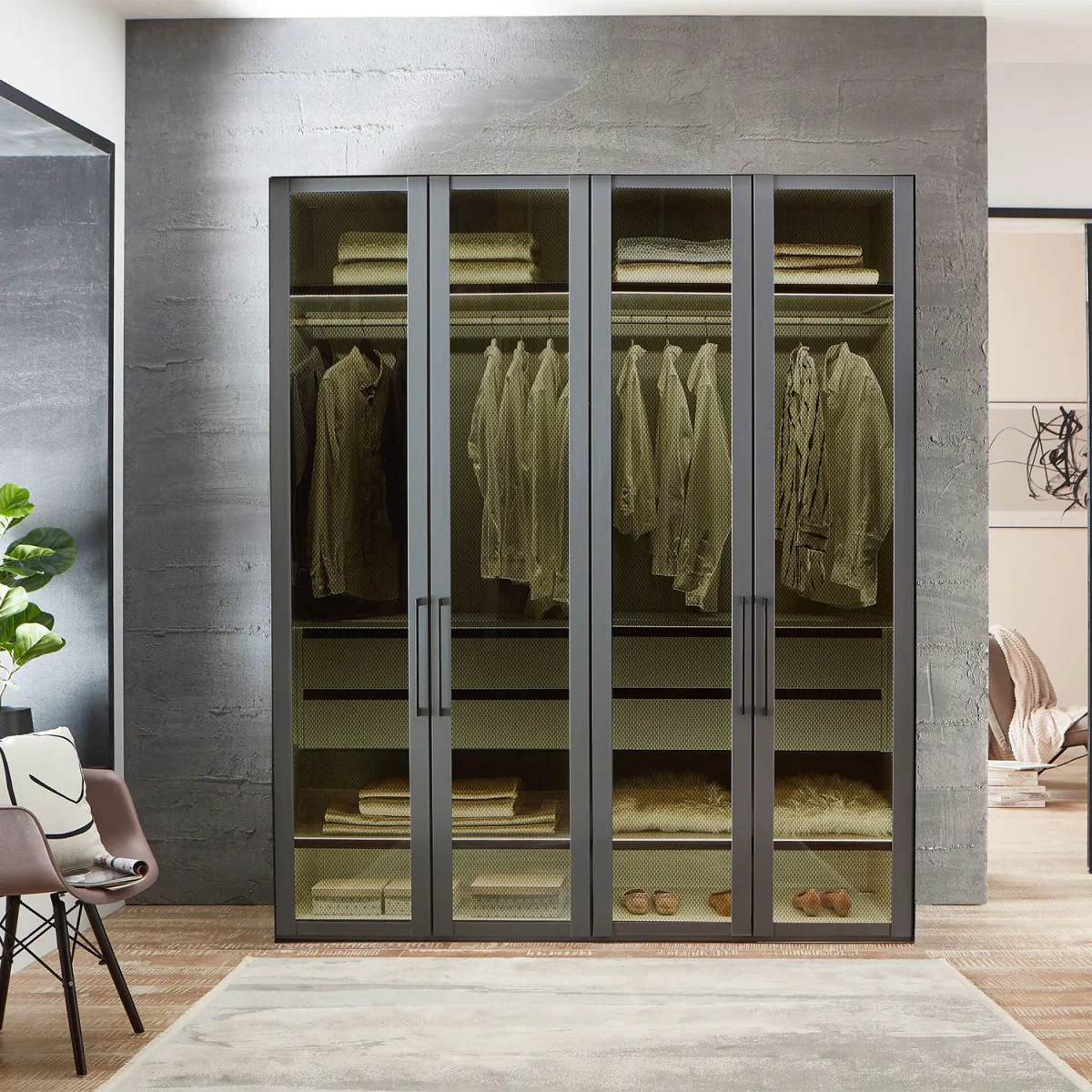 Interior Lights and Drawers of Lifetsyle Image of Wiemann Stylo Transparent Black Glass 4 Door Wardrobe Width 200cm Height 216cm or 236cm 