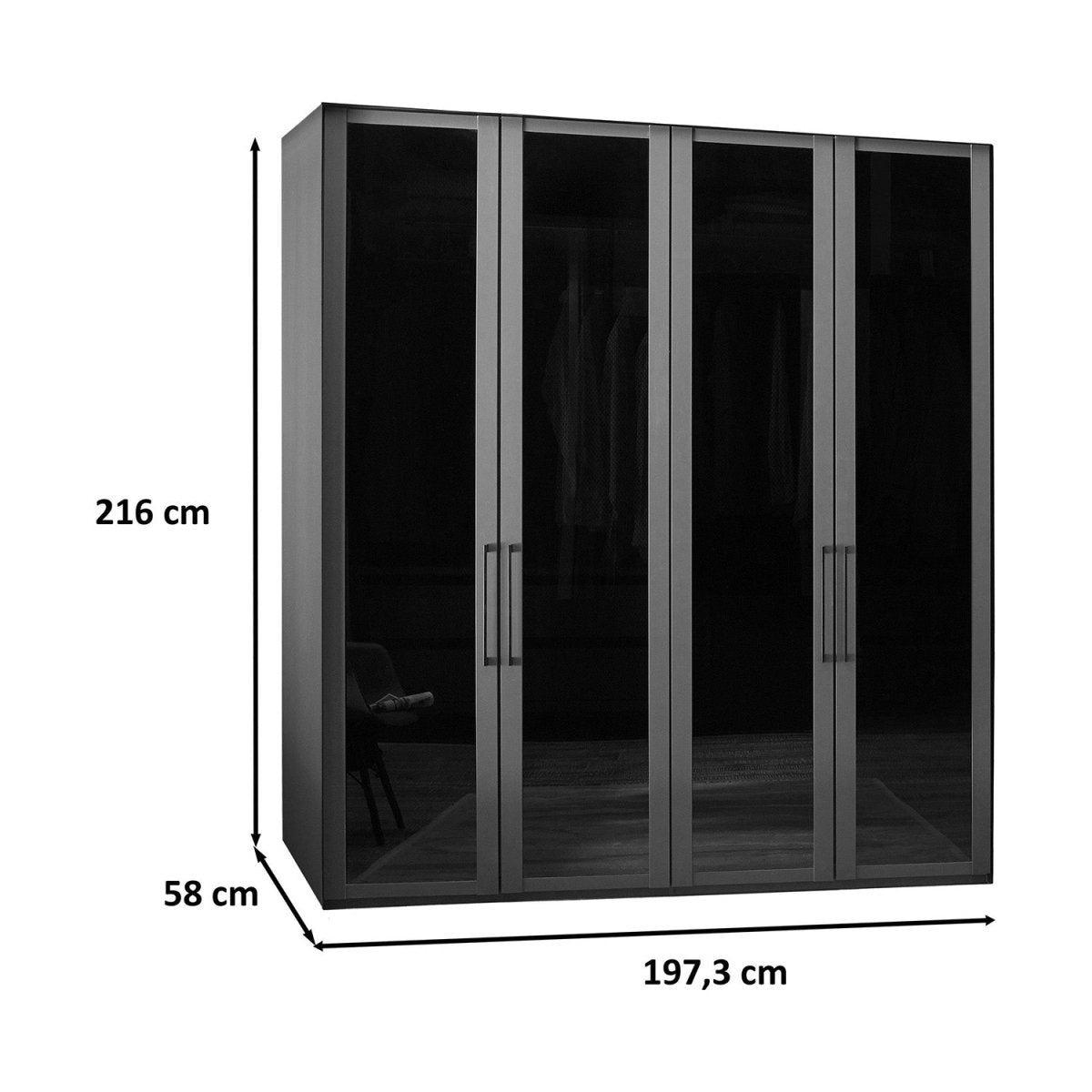 Dimensions of Lifetsyle Image of Wiemann Stylo Transparent Black Glass 4 Door Wardrobe Width 200cm Height 216cm 