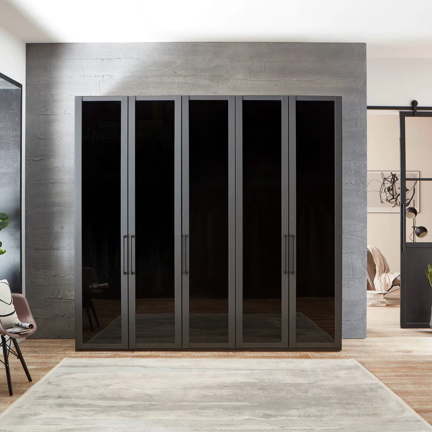 Lifestyle Image of Wiemann Stylo Transparent Black Glass 5 Door Wardrobe Width 250cm