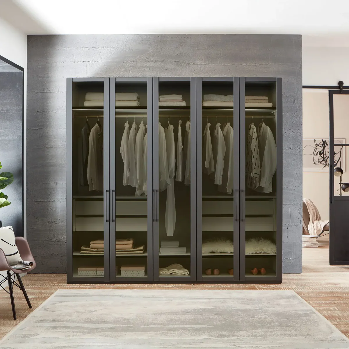Wiemann Stylo Transparent Black Glass 5 Door Wardrobe Width 250cm available in two Heights 216cm or 236cm 