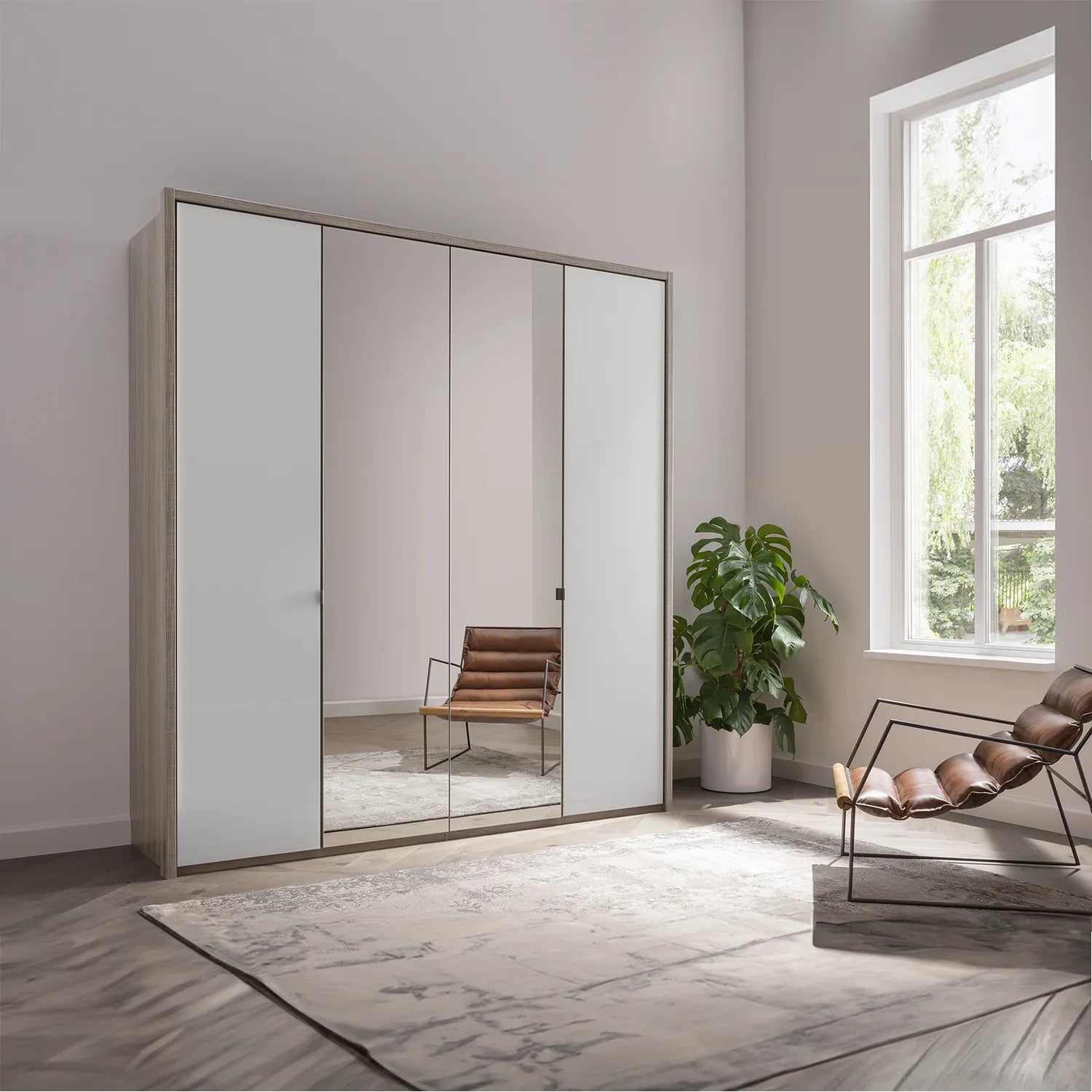 Torino 4 Door Hinged Oak and White Glass Wardrobe 