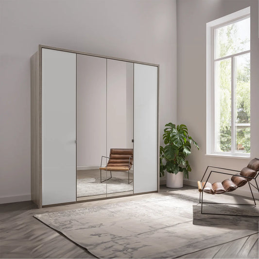 Torino 4 Door Hinged Oak and White Glass Wardrobe 