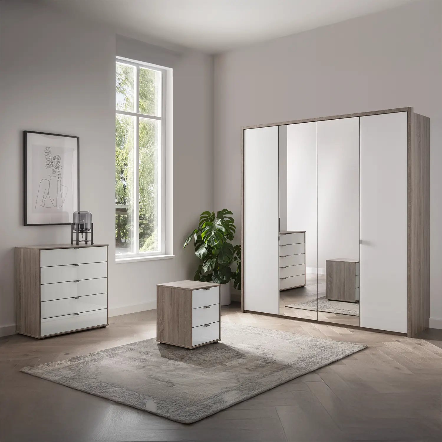Torino 4 Door Hinged Oak and White Glass Wardrobe 