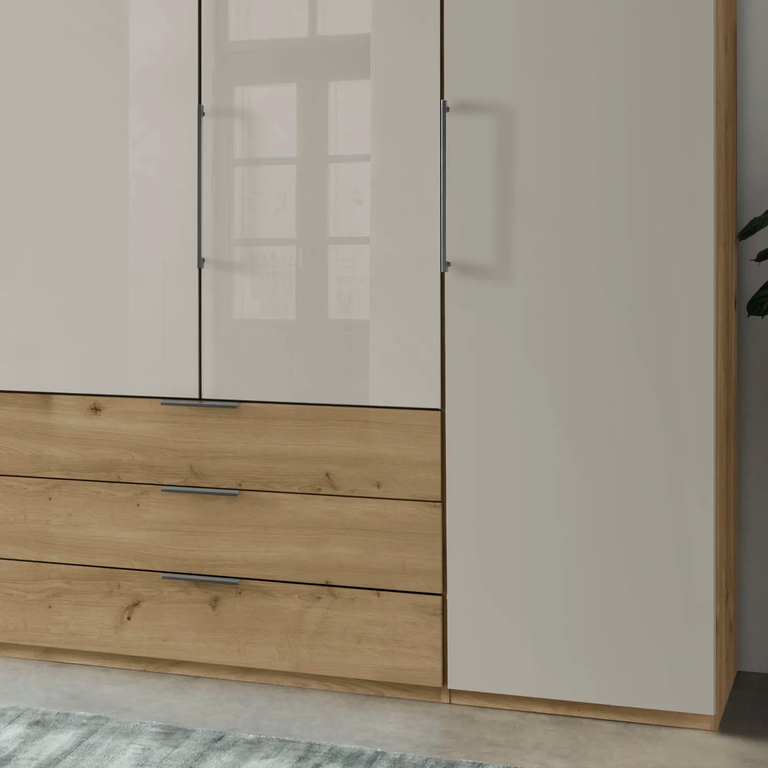 Templin 2000 Bianco Oak Carcase 6 Door 6 Drawer Wardrobe - W300cm - Drawer & Handle Closeup View