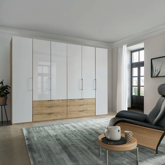 Templin 2000 Bianco Oak Carcase 6 Door 6 Drawer Wardrobe - W300cm - Styled in a Living Room